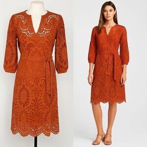 Shoshanna Rust Orange Eyelet Lace Boho Midi Dress Size 8 – 3/4 Sleeve Lined